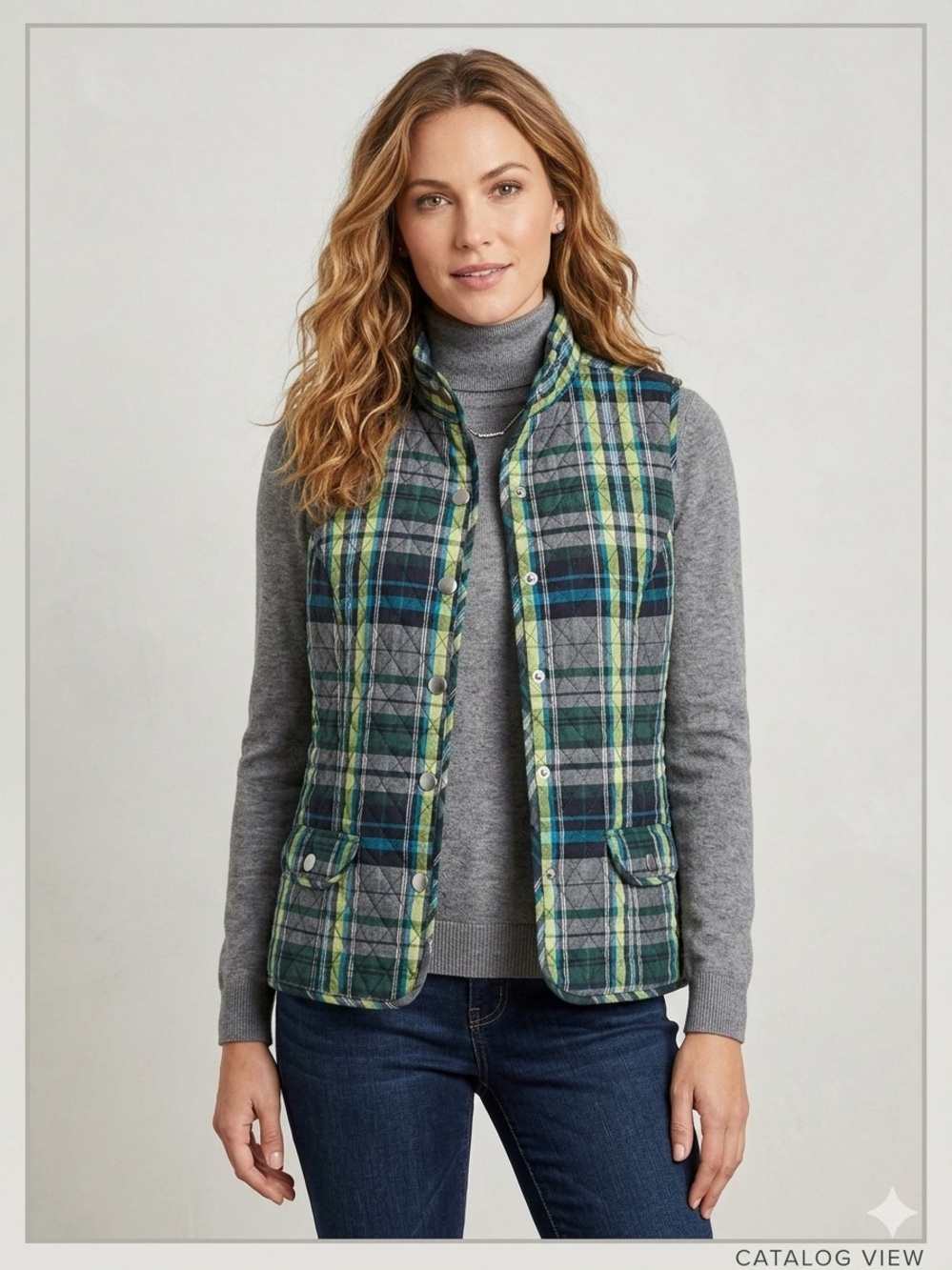 Christopher & Banks Plaid Quilted Vest Small‎ Green Blue Cotton Gorpcore Cabin S